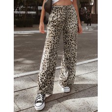 Leopard Pleated Elastic Waist Casual Pants For Women