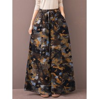 Women Color Printing Casual Drawstring Wide Leg Pants With Pocket