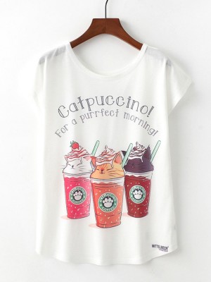 Women Casual Crew Neck Short Sleeved Cat Ice Cream Print Summer T  shirts