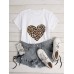 Leopard Print Love Print Round Neck Causal T  shirts For Women