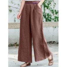 Women Contrast Frog Button Design Elastic Waist Casual Wide Leg Pants With Pocket