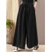 Women Casual Drawstring Waist Solid Color High Waist Wide Leg Pants With Pocket