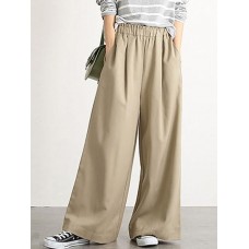 Women Casual Solid Color Elastic Waist Wide Leg Pants With Pocket