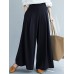 Women Solid Color Elastic Waist Pleats Loose Wide Leg Pants With Pocket