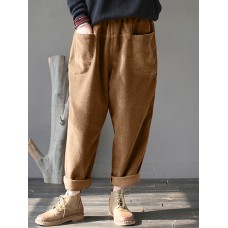 Women Corduroy Elastic Waist Simple Casual Comfortable Pants With Front Pockets