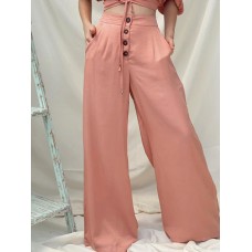 Women Casual High Rise Loose Fit Wide Leg Solid Pants with Side Pockets