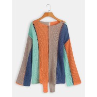 Long Sleeve Crew Neck Striped Hollow Sweaters