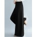 Women Solid Color Elastic Waist Pleats Loose Wide Leg Pants With Pocket