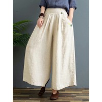Women Floral Pattern Elastic Waist Casual Wide Leg Pants With Pocket