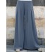 Women Brief Style Solid Color Pleated Mid Waist Loose Wide Leg Pants