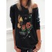 Women Floral Butterfly Print Round Neck Long Sleeve Casual T  Shirts