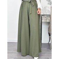 Women Casual Loose Solid Color Lace  Up Elastic Waist Wide Leg Pants With Pockets