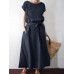 Solid Color Short Sleeve O  neck Knotted Cotton Dress