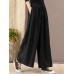 Women Casual Drawstring Waist Solid Color High Waist Wide Leg Pants With Pocket