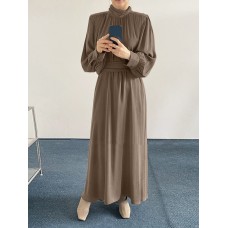 Solid Long Sleeve High Neck Pleated Casual Maxi Dress