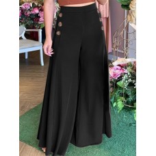 Women Solid Color Side Button Elastic Waist Loose Casual Wide Leg Pants With Pocket