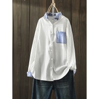 Women Cotton Stripe Print Patchwork Simple Daily Casual Shirts