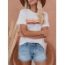 Rainbow Stripes Patchwork Round Neck Short Sleeve Daily Casual T  shirts For Women