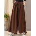 Women Casual Drawstring Waist Solid Color High Waist Wide Leg Pants With Pocket